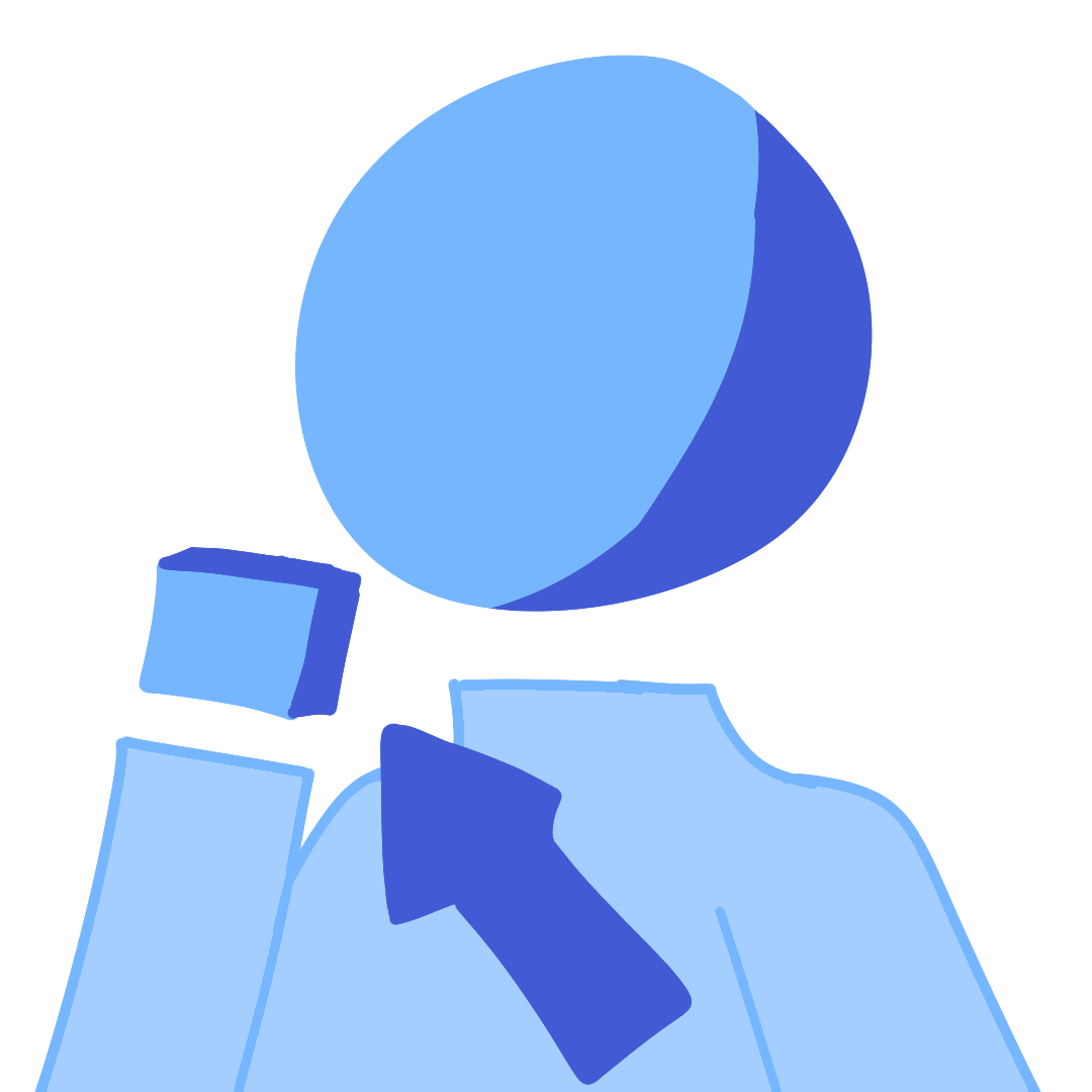 A blue figure with a sphere head holding a cube. An arrow points at the cube.